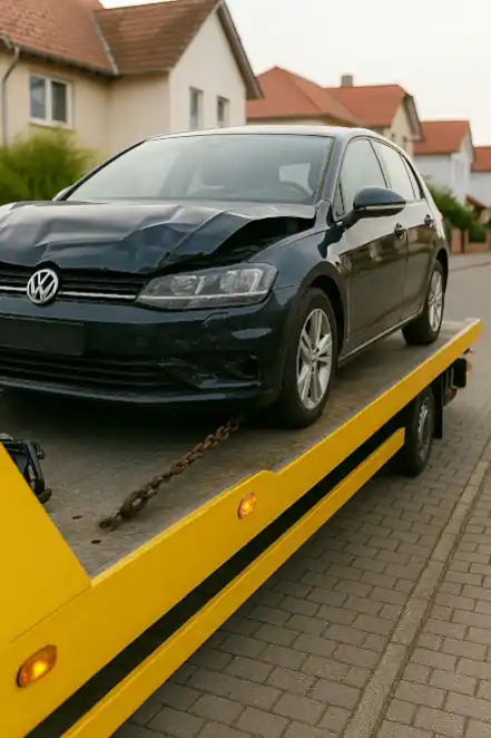 Defektes Fahrzeug wird beim Autoankauf in Langenfeld professionell abgeschleppt und bewertet.